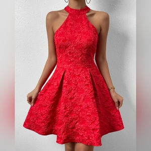 NWOT High Neck Jacquard Red Mini Fit & Flare Dress, M‎